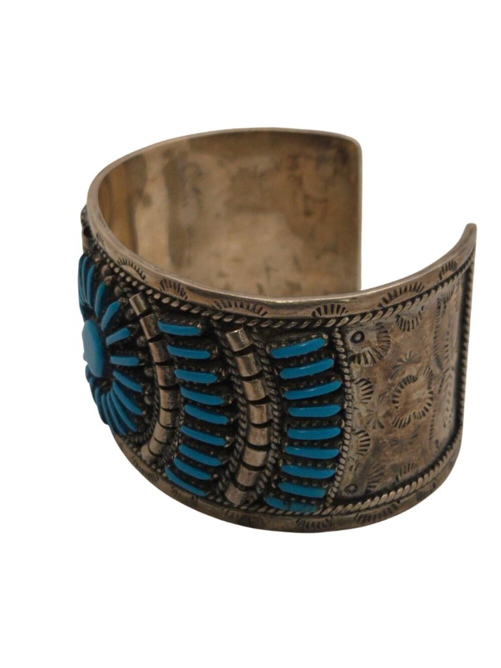 Vintage Zuni Petit Point Sterling Silver Cuff Bracelet Turquoise & Engraved 50g - Picture 4 of 11